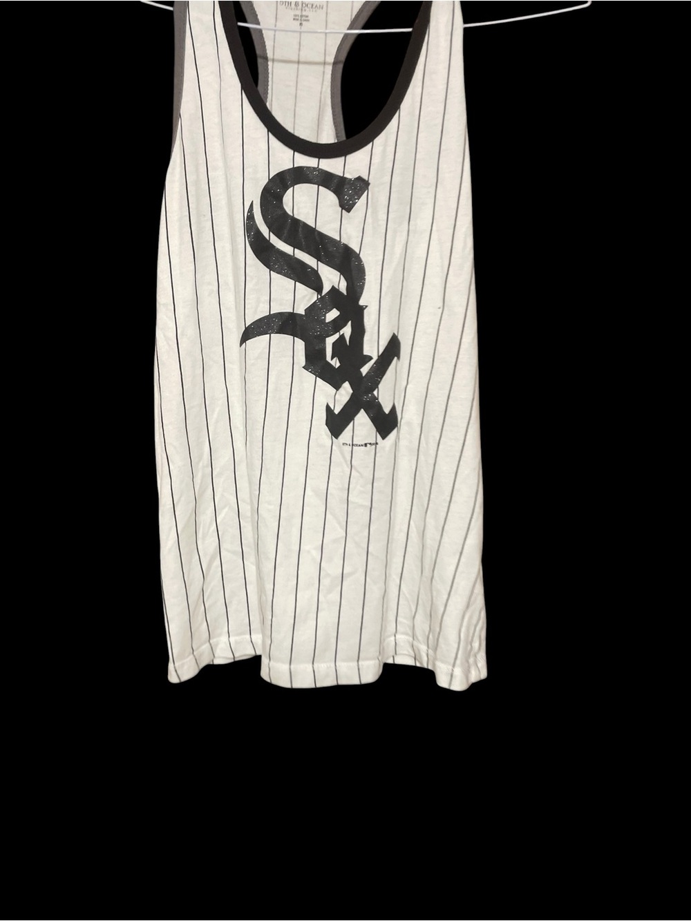 White Sox 5th & Ocean White Tank Top with Black Pinstripes and Black Graphic
